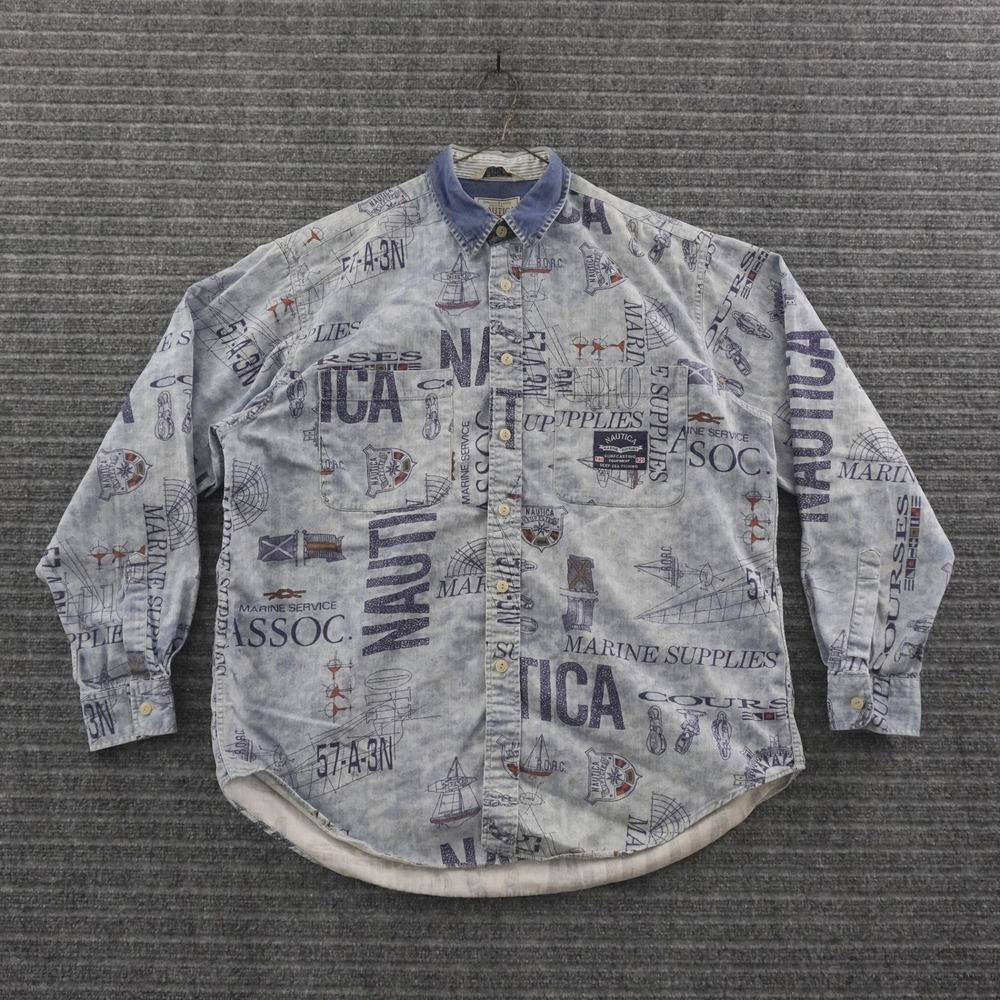 Vintage Nautica Button Up Shirt Mens Large Blue All Over Marine Print Denim